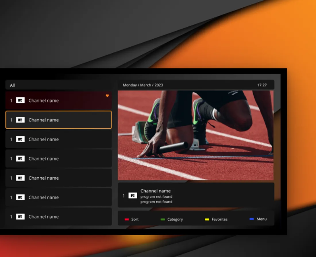 Tivi Player (IPTV Stream Player) na TV: lista de canais, guia de programação e player rodando